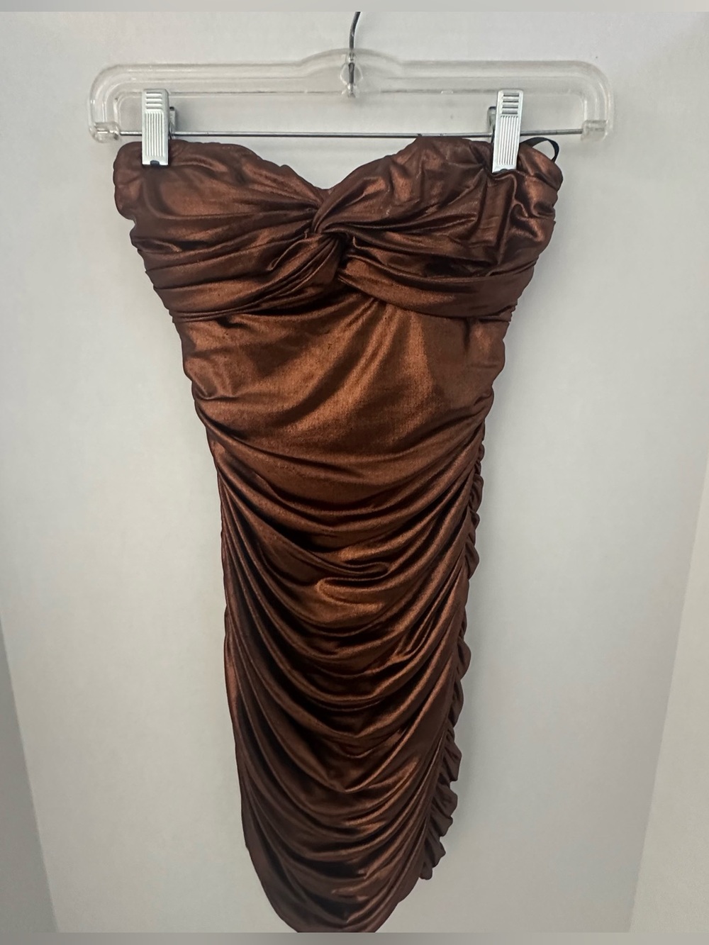 bebe Metallic Bronze Strapless Ruched Bodycon Mini Dress